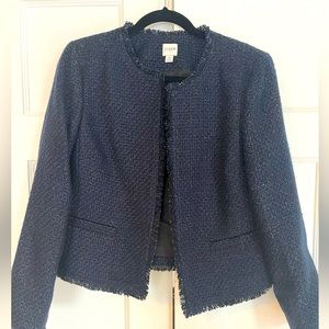 J. Crew Navy Blue Tweed Fringe Blazer Jacket 10 Wool Blend Silver Sparkle